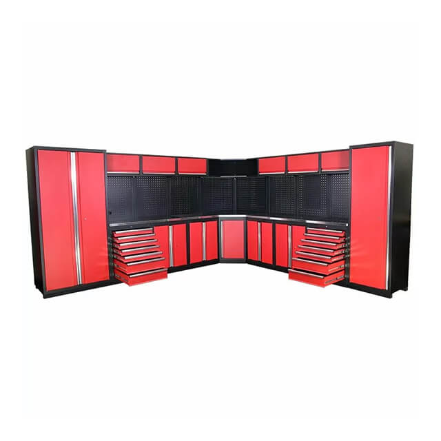 The cabinets' modern design not only maximizes storage space but also enhances the aesthetic appeal of any garage