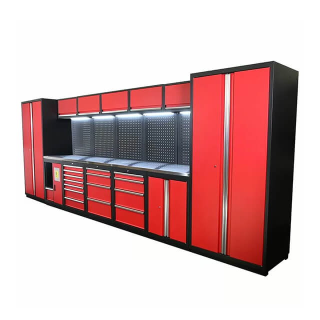 The cabinets' modern design not only maximizes storage space but also enhances the aesthetic appeal of any garage