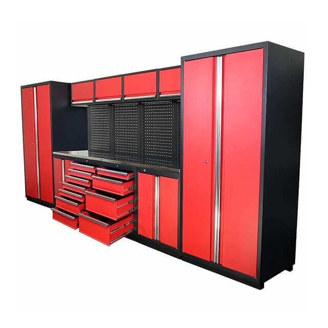 The cabinets' adjustable shelves offer flexibility and can be customized to fit different sizes and types of tools and equipment