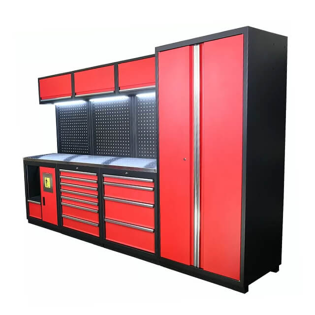 The cabinets are designed to maximize storage space in any garage