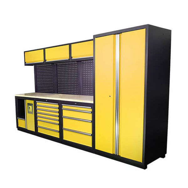The garage cabinets provide a great way to store tools and equipment