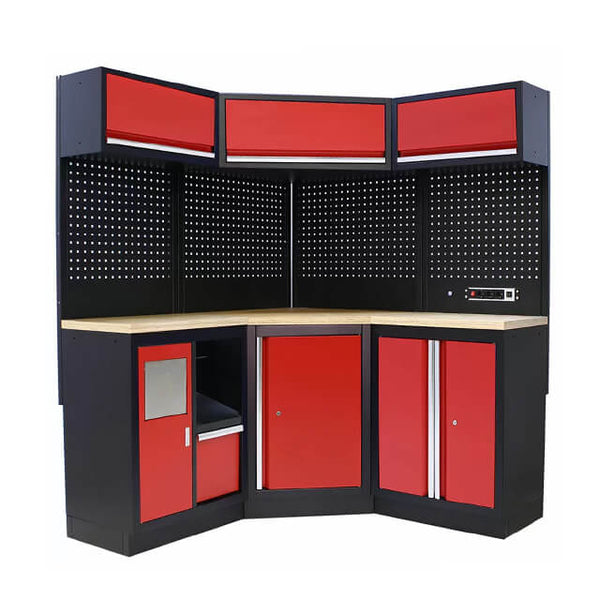 The cabinets' adjustable shelves offer flexibility and can be customized to fit different sizes and types of tools and equipment