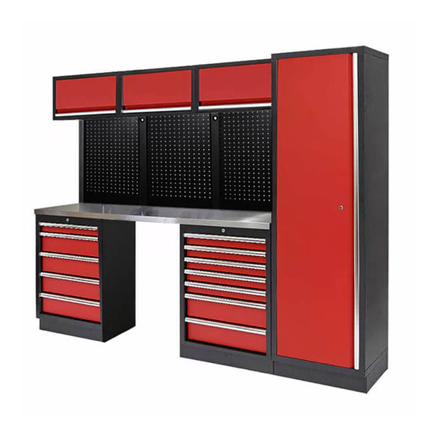 The cabinets' adjustable shelves offer flexibility and can be customized to fit different sizes and types of tools and equipment