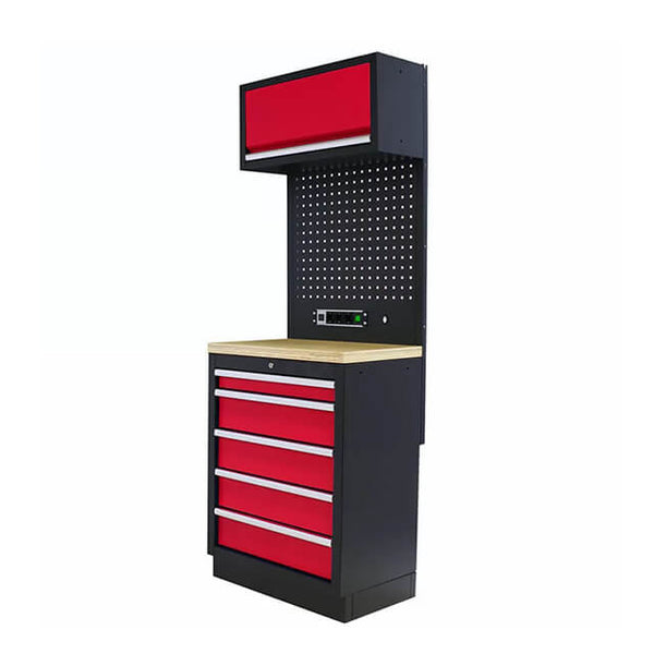 The cabinets' adjustable shelves offer versatility and can be tailored to fit an assortment of tools and equipment, ensuring optimal storage