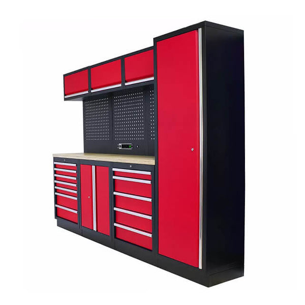 The cabinets' sleek and modern design not only enhances the functionality of any garage but also adds a touch of elegance and sophistication