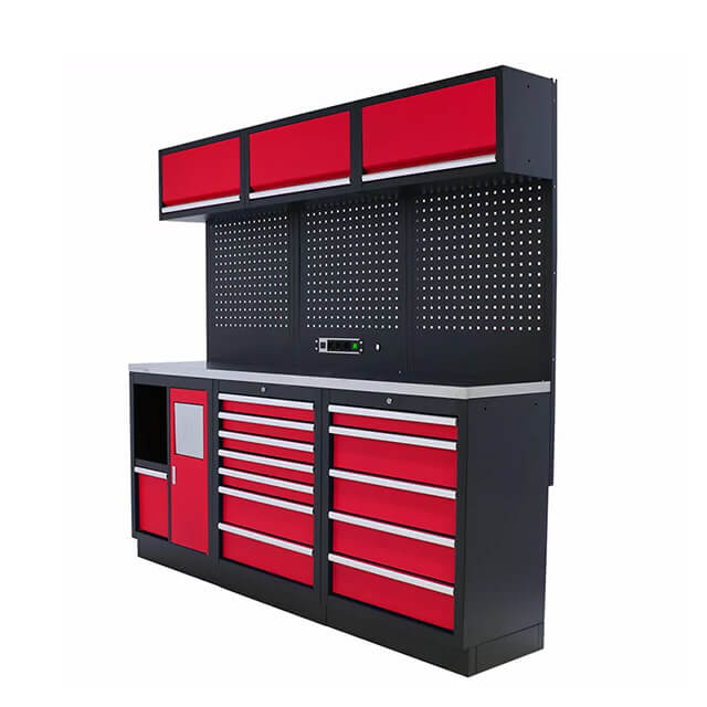 The cabinets' sleek and modern design not only enhances the functionality of any garage but also adds a touch of elegance and sophistication