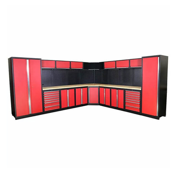 The garage cabinets provide a great way to store tools and equipment