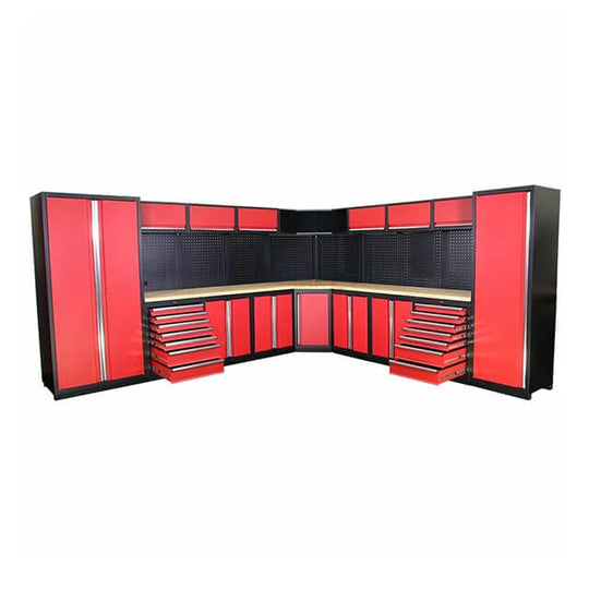 The garage cabinets offer a secure storage solution for valuable tools and equipment