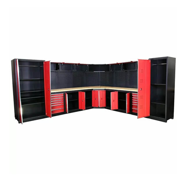 The garage cabinets are a practical and stylish way to keep tools organized and easy to access, saving time and frustration