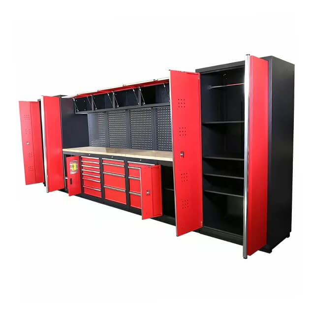 The cabinets are designed to efficiently utilize space, transforming any garage into a well-organized and functional workspace