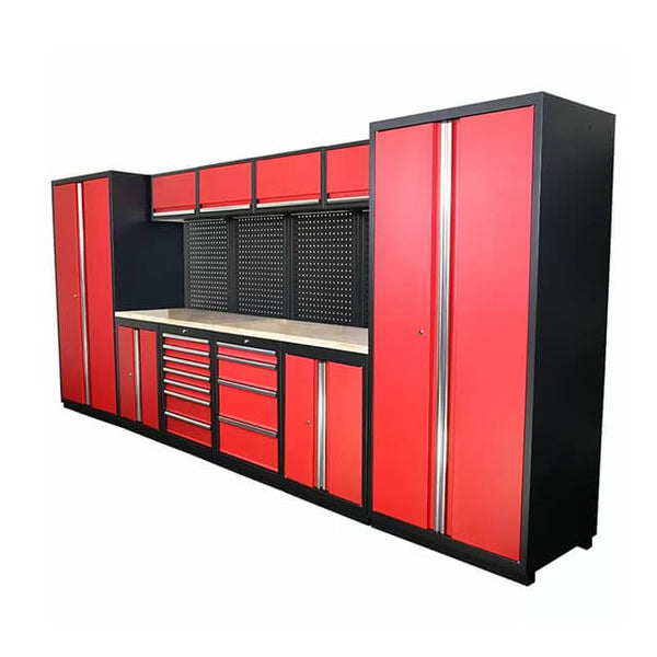 The cabinets' adjustable shelves offer versatility and can be tailored to fit an assortment of tools and equipment, ensuring optimal storage