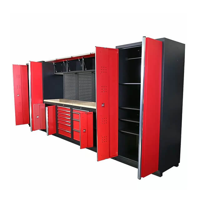 The cabinets' adjustable shelves offer flexibility and can be customized to fit different sizes and types of tools and equipment