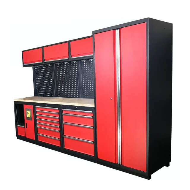 The cabinets' modern design not only maximizes storage space but also enhances the aesthetic appeal of any garage