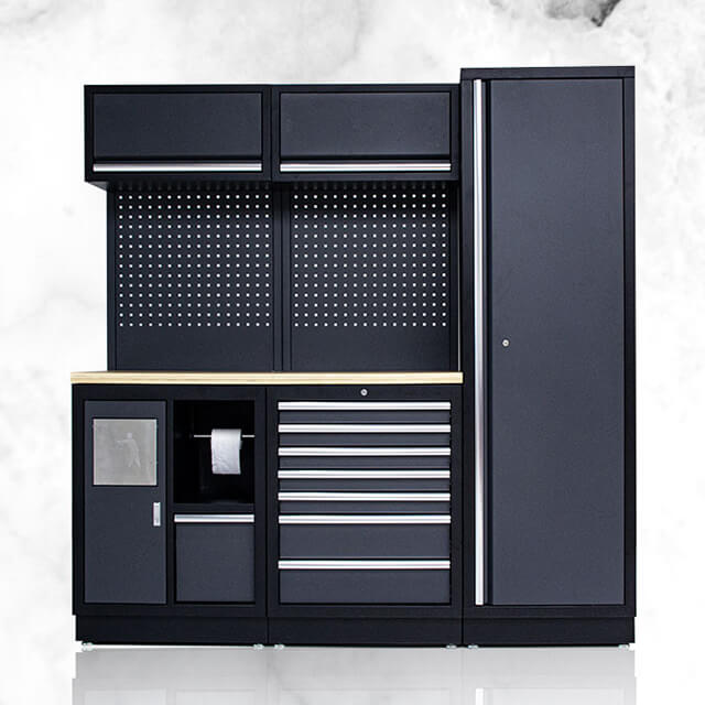 The garage storage cabinet is made of sturdy material