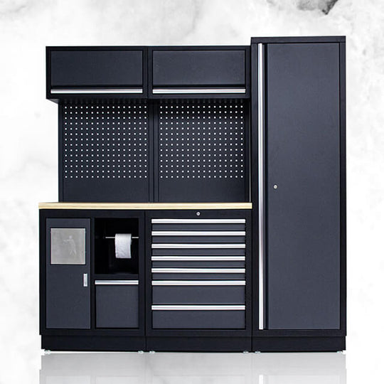The garage storage cabinet is made of sturdy material
