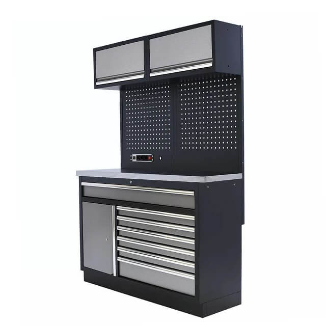 The tool storage cabinet is well-organized