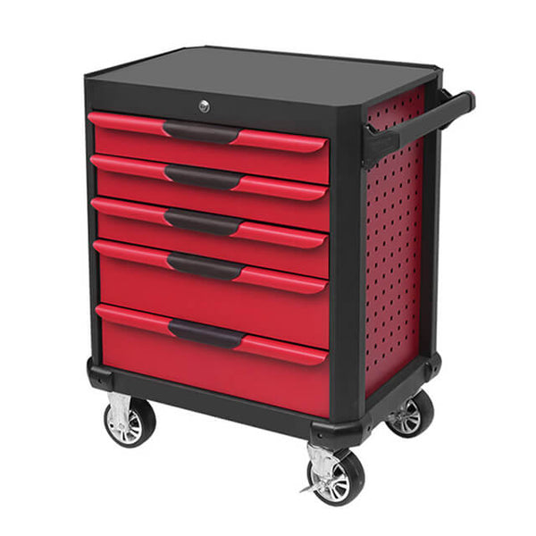 The trolley's adjustable shelves can accommodate different sizes and types of tools